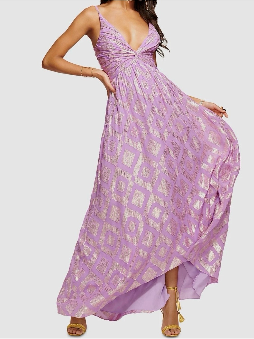 Ramy Brook Toby Gown Lilac Gold Metallic Accent Gown V-Neck NWT size 2